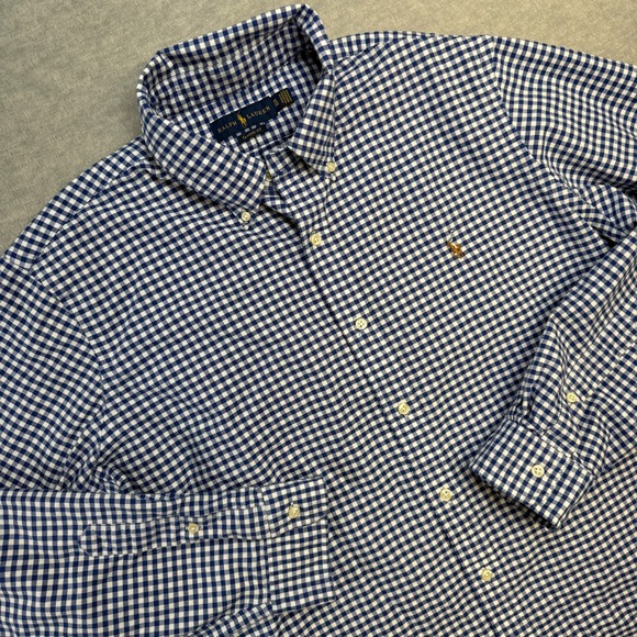 Polo Ralph Lauren Shirt Mens XL Blue Gingham Check Oxford Classic Fit Flesh Pony - Picture 1 of 9